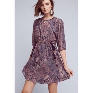 Anthropologie Zharah Peasant‎ Dress by Floreat, Purple Motif Snakeskin Size XS
